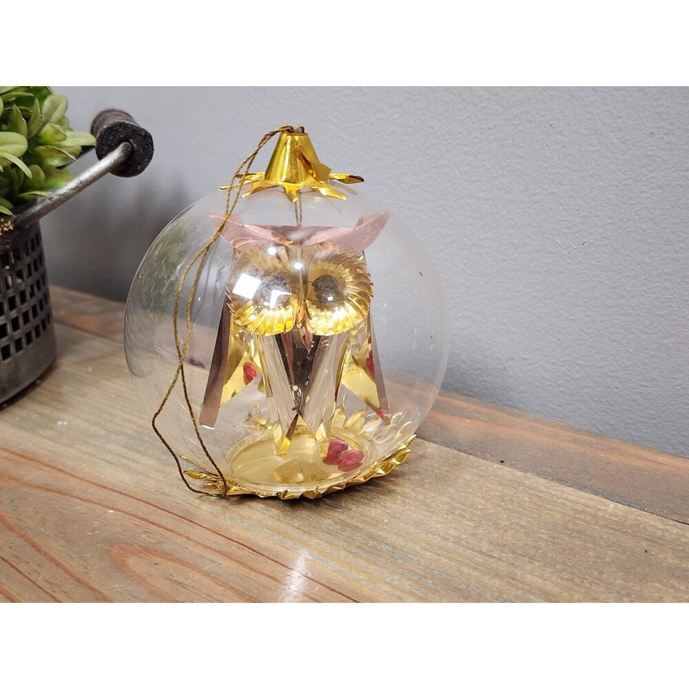 Rare Resl Lenz W Germany Xmas Ornament Gold Foil 3D Owl Red Eyes Vtg Glass